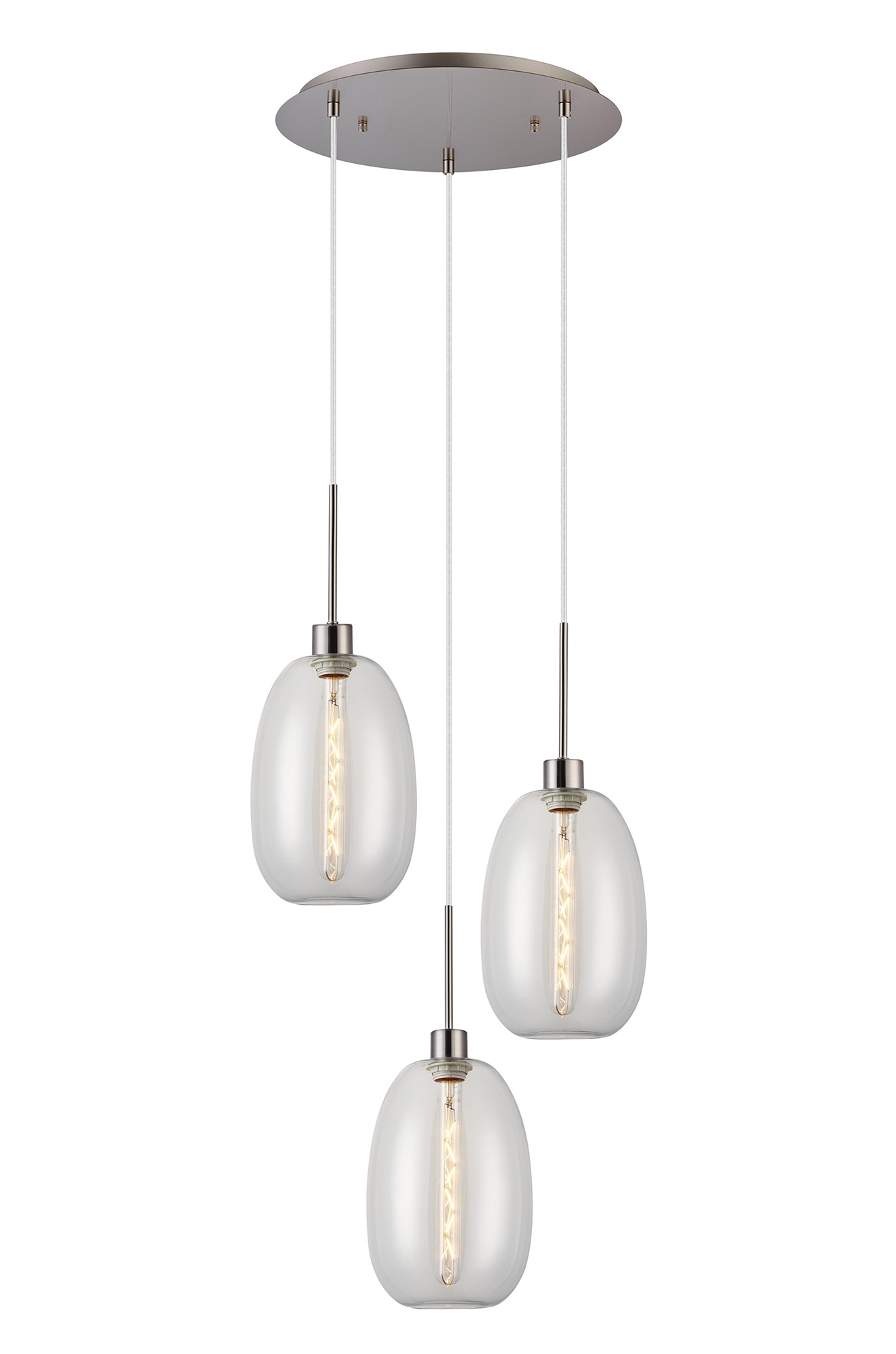 DK1361  Lori 40cm Round Pendant, 3 Light Adjustable E27, Satin Nickel/Clear Slim Curved Trapezium Shades